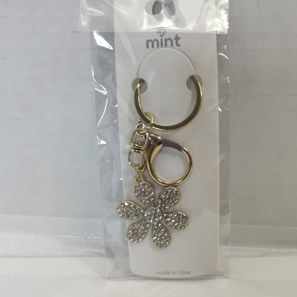 Gold Flower Keychain with Clear Rhinestones